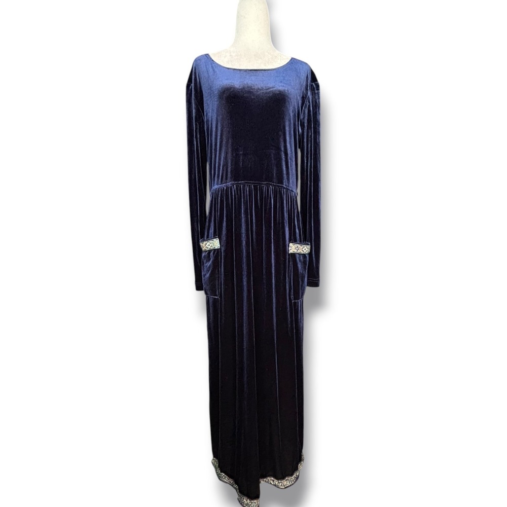 Vintage Navy Blue Velvet Maxi Dress Embroidered Trim Boho Renaissance Romantic